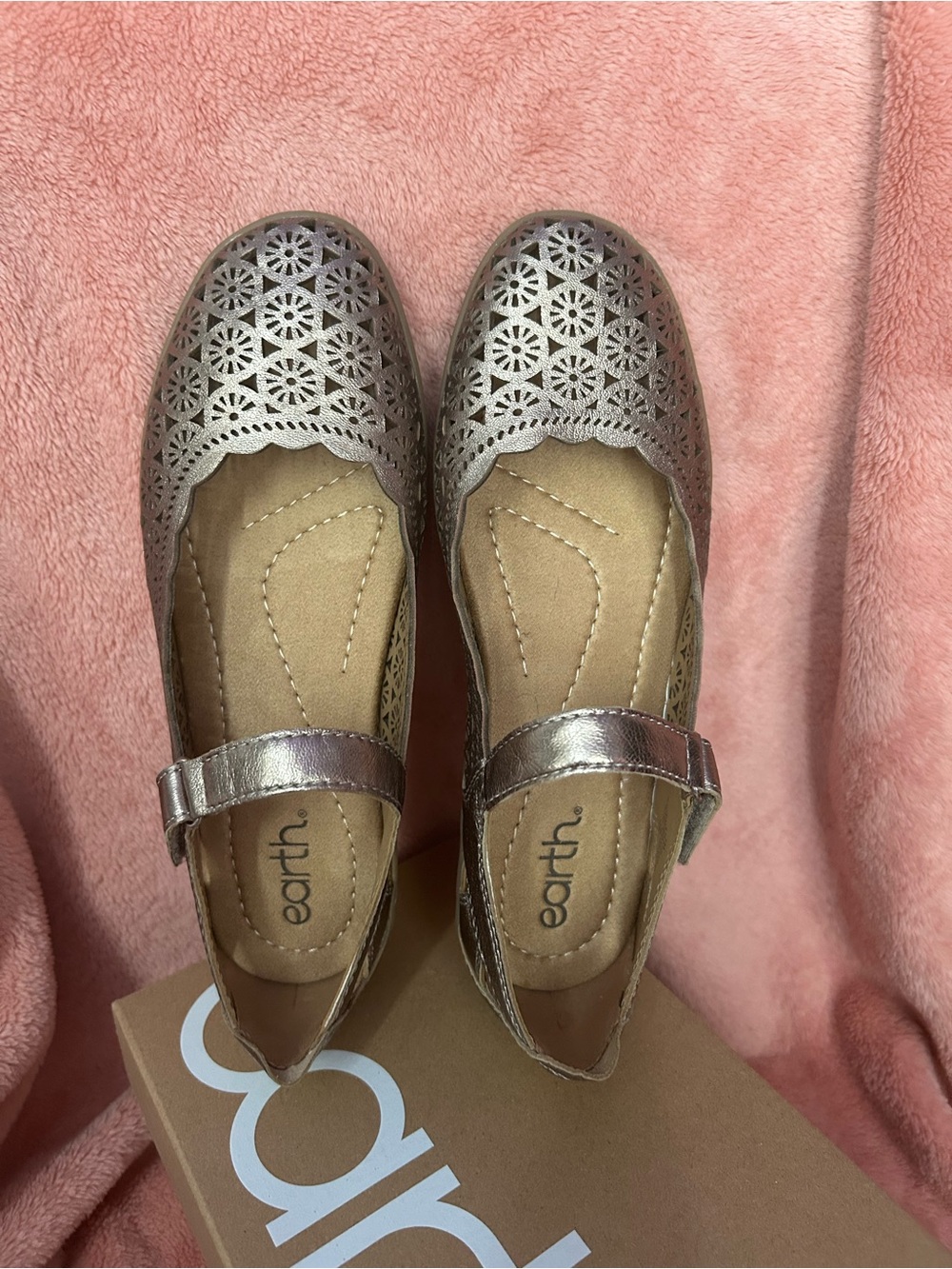 Earth pewter Mary Jane Flats. Size7.